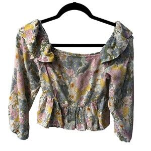 Sunday Mi Amor Blouse Womens Small Floral Cropped Peplum Smocked Peasant fairy